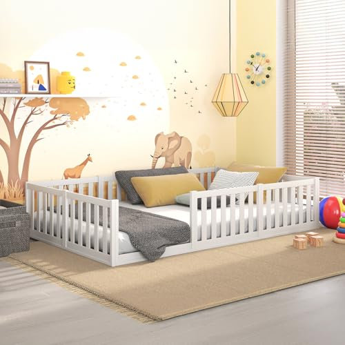 CADANI Teso Kinderbett 120x200 cm Montessori Bodenbett mit Rausfallschutz inkl. Lattenrost, Kiefer Massivholz, weiß - 3 Aufbauvarianten