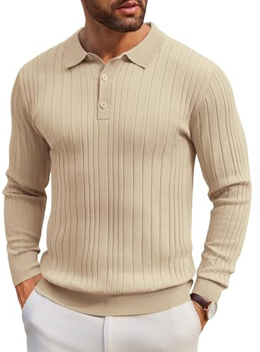 COOFANDY Men's Jumper Long Sleeve Poloshirt Knitted Poloshirts Basic Golf Polo T-Shirts Regular Fit Light Khaki XXL