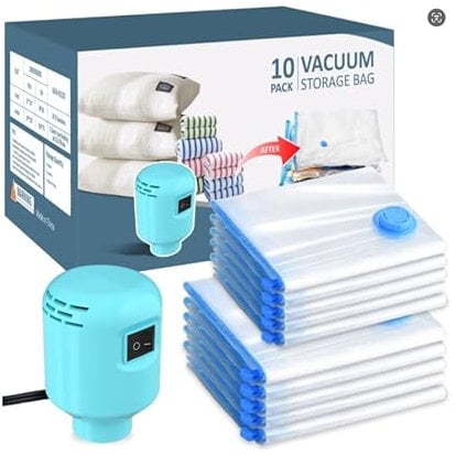 10 PC Vacuum Storage Bags with Electric Pump (5 Large/5 Medium),Reusable Travel Vacuum Bags for Duvets, Blankets, Travel, Moving