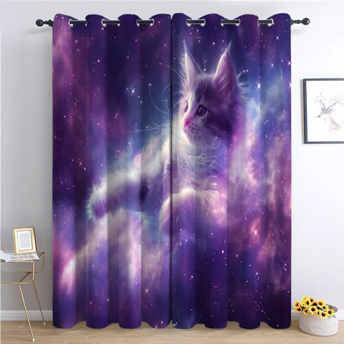 CozyRest Vorhang Blickdicht ösen 2er Set Lila Blaue Sterne Weltraumkatze Muster Gardine Lichtundurchlässig Fenstervorhang Wohnzimmer Vorhänge Größe: H160 x B70cm
