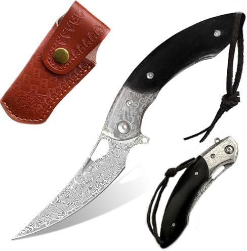 BFYLIN Damast Taschenmesser Klappmesser, VG10 Damaststahl Outdoor Taschenmesser, Damastmesser Holzgriff Messer Mit Lederscheide für Camping Outdoor Fishing Survival Messer (C)