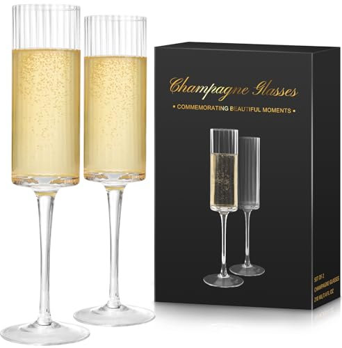 Ulable Set of 2 Thick Stripes Champagne Flutes - Engagement & Wedding Gifts - Elegant Prosecco Glasses - 250ml Champagne Glasses Gift Set - Gifts for Anniversary, Birthday, Holiday