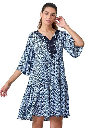 Roman Originals Smock Dress for Women UK Ladies Cotton Summer Embroidered Frilled Tiered Casual Beach Cruise Holiday Cocktail Party 3/4 Sleeve Pull On Gathered Skirt - Navy White - Size 16