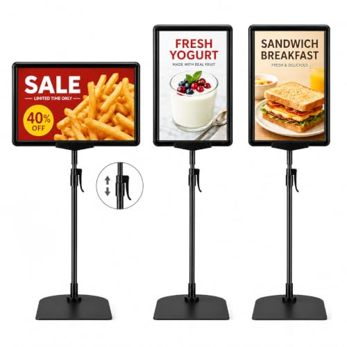 MUXHEL 3 Pièces Porte Affiche A4 de Table, Réglable 38-60cm | Présentoir A4 Noir, Support Affiche avec Base pour Affichage Menu, Bureau, Restaurant et Magasin