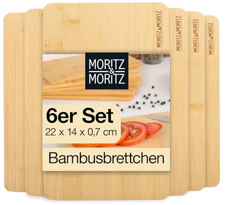 Moritz & Moritz Frühstücksbrettchen Bambus - 6er Schneidebrett Holz Set, natürlich antibakteriell, robust & messerschonend - Vielseitig als Holzbrett Küche, Brotzeitbrett, Servierbrett & cutting board