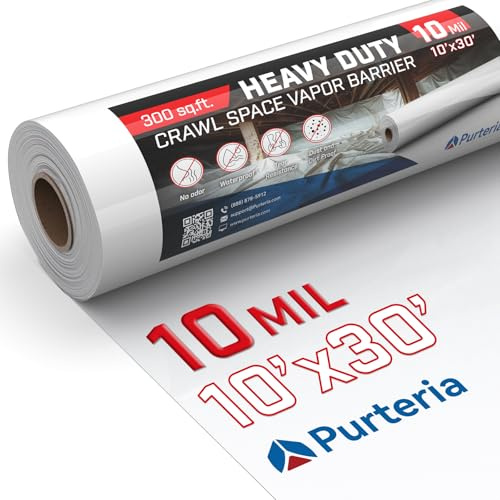 Purteria Barriera al vapore spaziale strisciante, Barriera al vapore da 10 mil, 10' x 30', Barriera al vapore bianca, Rivestimento di plastica spessa, Pellicola di polietilene resistente, Copertura
