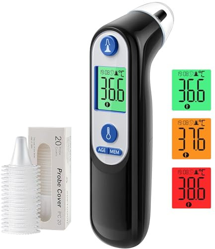 Ohrthermometer für Baby Erwachsene, Ohr Fieberthermometer mit Altersmessung und farbcodierte Temperaturanzeige, digitales infrarot-Thermometer mit 21*Einweg-Schutzkappen