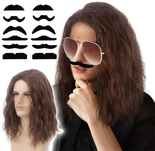 Braun Herren Perücke mit Bart und, Sonnenbrille,12 falschen Bärten,Hochwertige Herrenperücke im Hippie-Stil: Vielseitig einsetzbar, natürlich aussehend, inklusive Sonnenbrille und falschen Bärten