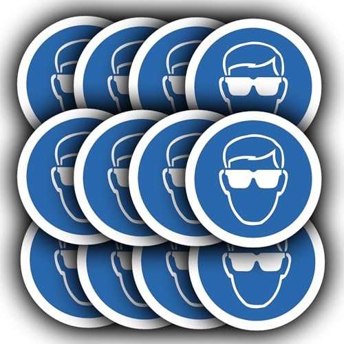 12 Pack - Eye Protection Must Be Worn Sticker Signs - 85mm Waterproof Vinyl - Eye protection Safety Glasses Decals