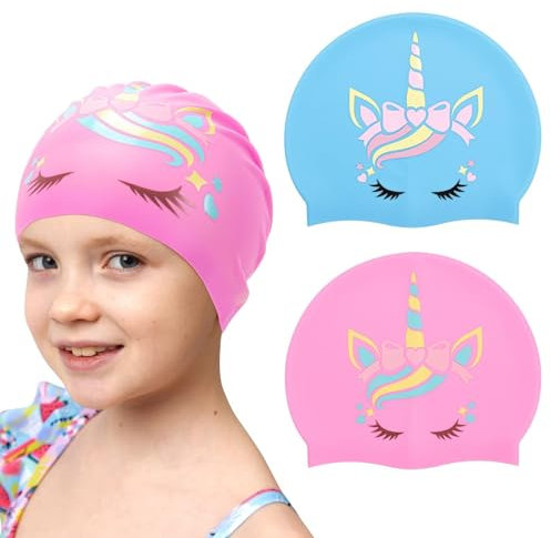 Cuffia da nuoto bambini 2-10 anni, 2 pezzi cuffia da nuoto ragazza capelli lunghi, silicone impermeabile