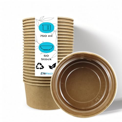 Enpack - 750ml Pappschalen für Lebensmittel aus Kraft Papier mit RPET Deckel 50 Stück - Einweg Papp-Salatschale mit PLA Innenbeschichtung - Bio-Schale für Salat, Suppen, Snacks kompostierbar