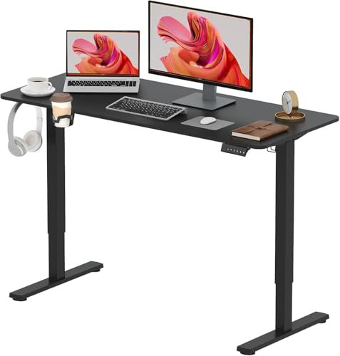 SANODESK Electric Standing Desk ONE PIECE 110 * 54 Height Adjustable Desk With Cable Management&Memory Smart Panel Sit Stand Table With Hooks and Cupholder for Home Office（Black Frame+ Black Desktop