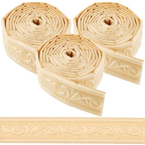 CRASPIRE 3Pcs Gold 90.6x1.8 Flexible Molding Trim Wall Trim Self Adhesive Peel and Sick Wallpaper Border Vintage 3D Edging Lines Skirting Stickers PVC Baseboard for DIY Art Mirror Home Kitchen Office