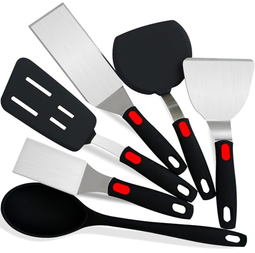 6-teiliges Silikonspatel- und Wender-Set mit Edelstahlspatel. Lebensmittelechtes Material, temperaturbeständig bis 315 °C. Ideal zum Grillen, für Burger, Omelettes und Pfannkuchen.