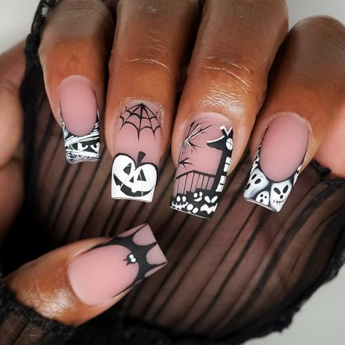 Halloween French Tip False Nails - Matte Black Fake Nails With Bat Pumpkin Skeleton - Square Press On Nails Medium - Gothic Scream Halloween Glue On Nails For Women Festival DIY