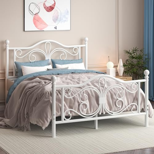Bett 140x200 mit Schmetterlingsmuster Kopf und Fußteil, Metallbett, Weiß | Doppelbett 140x200 cm aus Metall, 26,5cm hohem Stauraum unter dem Bett Kein Lattenrost Erforderlich, Einfache Montage