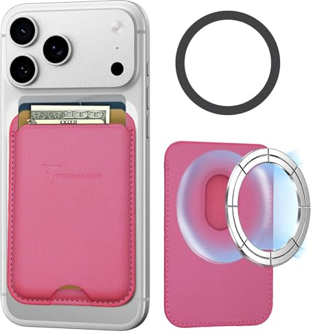 TECHMADE Portacarte MagSafe Compatibile per iPhone, Anello Adattatore Incluso - Spazio per 3 Carte o Contanti, Sistema di Estrazione Rapida - Blocco RFID, in Eco-Pelle Vegana (fucsia)