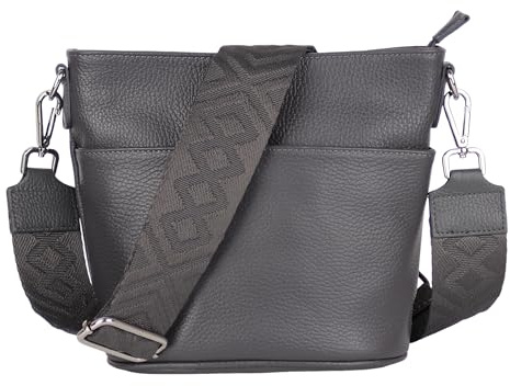 MIRROSI Damen Umhängetasche, Crossbody Bag, Echtleder I Made in Italy (1 Tasche 1 oder 2 Gurt(e)), 24x18x12cm (BXHXT) Mittelgroß (Upgrade Version (mit 2 Gurte): Dunkelgrau Fischgrät)