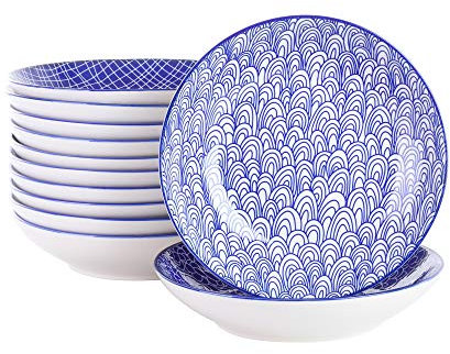 vancasso, Takaki 12 teilig Porzellan Suppenteller, Rund Tiefteller Set, Ø 21,5 cm, 700ML Blau