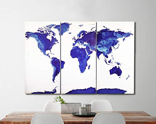 Close Up® Weltkarte Saphire Blau - Triptychon- 3 TLG. Leinwand - 120 x 80 cm (3X je 80 x 40 cm) - blau/weiß