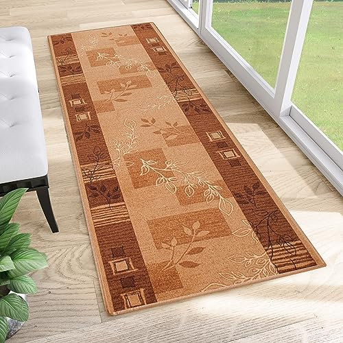 TAPISO Anti Rutsch Teppich Läufer rutschfest Brücke Meterware Modern Braun Beige Vierecke Floral Design Flur Küche Wohnzimmer 100 x 500 cm