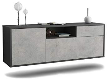 Dekati Lowboard Atlanta hängend (136x47x35cm) Korpus anthrazit matt - Front Beton Optik - Push to Open - hochwertige Leichtlaufschienen