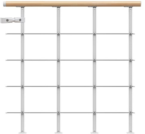 DOLLE Brüstungsgeländer für Mittelholmtreppe Geländer Starter-Set 1 Meter Handlauf Buche lackiert Pfosten Weiß (RAL 9016)