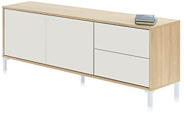 Habitdesign Modulo de TV 2 Puertas y 2 Cajones, Mueble TV, Modelo Brooklyn, Acabado en Roble Canadian y Blanco Artik, Medidas: 130 cm (Ancho) x 47 cm (Alto) x 41 cm (Fondo)