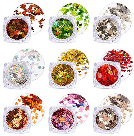 FLOFIA 9 Box Nagel Glitzer Pailletten Ahornblätter Holographische Nagel Glitter Pailletten Gelnagel PET Nail Art Deko Herbst Nageldesign Maniküre