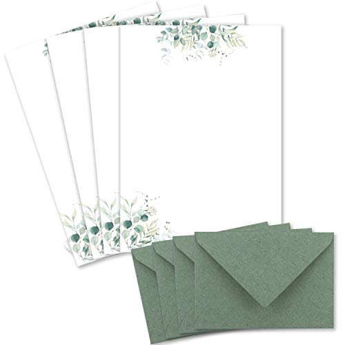 50 Briefbogen-Sets DIN A4 - Naturpapier in Creme mit Eukalyptus-Zweigen - mit Briefumschlägen DIN C6 in Eukalyptus-Grün Briefpapier bedruckbar ideal für Hochzeitseinladungen