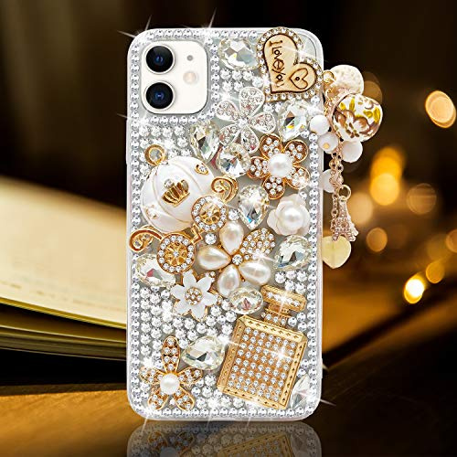 Guppy for iPhone 12/12 Pro Case Women Luxury 3D Bling Shiny Rhinestone Diamond Crystal Pearl Handmade Pendant Iron Tower Pumpkin Car Flowers Soft Protective Anti-Fall Case for iPhone 12 6.1 inch