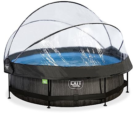EXIT TOYS Piscine Tubulaire Black Wood avec Dôme Multifonctionnel - ø300x76cm - Piscine Hors Sol Ronde avec Pompe Filtrante à Cartouche - Entrée Basse - pour l'eau Propre et Chaude - Noir