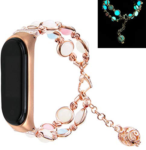 MVRYCE Cinturino da Polso Mi Band 5, Cinturino di Ricambio con Perle Luminose Fatte a Mano Cinturino in Metallo Regolabile da Donna con Perlina Elastica Compatibile con Xiaomi Mi Band 5, Oro Rosa