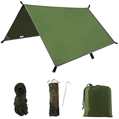 3 x 3M Bâche Anti-Pluie, Toile de Tente Camping Imperméable Portable, Abri de Survie Pliable Léger Anti-UV Anti- Pluie pour Camping, Activités en Plein Air (Armée Verte)