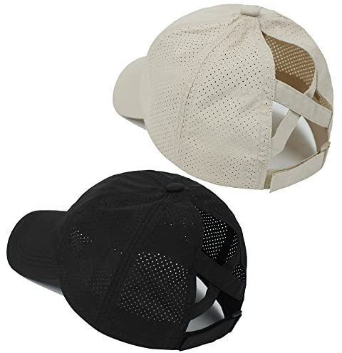 Muryobao 2 Packungen Damen-Baseballkappe Mütze mit Kreuzschlitz, hoch-unordentlicher Dutt, Ponycap, schnell trocknend, Netzstoff, Outdoor-Sport, Reisen, Schwarz und Khaki, Einheitsgröße