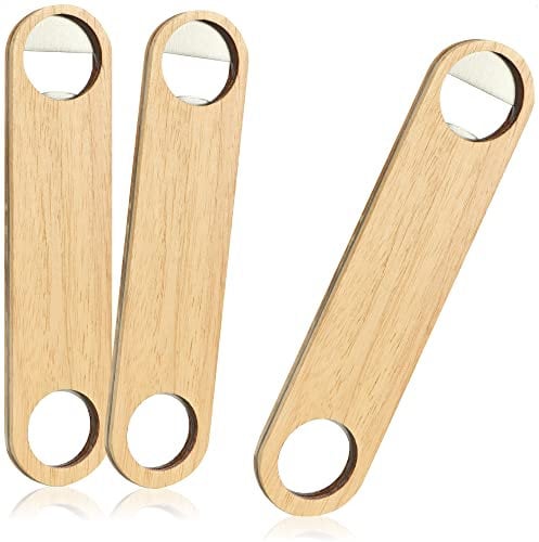 com-four® 3x Flaschenöffner aus rostfreiem Edelstahl mit Naturholz-Griff - Kapselheber in schlichtem Design (03 Stück - Holz. Edelstahl. flach. groß)