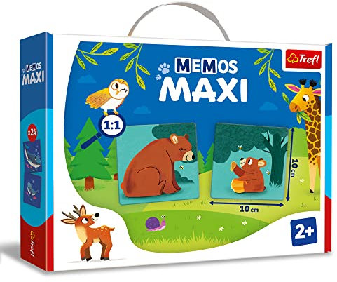 Trefl - Memos Maxi-Tiere und ihre Kinder - Lernspiel für die Kleinsten, Bildpaare Finden, große Elemente und Dicker Pappe, klassisches Gedächtnisspiel für Kinder ab 2 Jahren