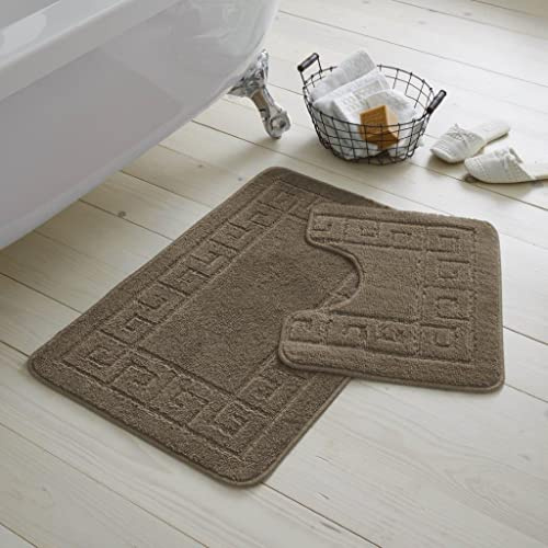 Artistic Fashionista Limited 2 Pieces GREEK Bath Mat Rugs for Bathroom - Non Slip Anti Mould Bath Mat Set - Soft - Extra Water Absorbent Pedestal Ultra Plush Bathroom Mats Toilet Shower Set (Mocha)