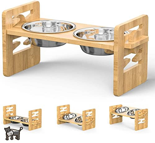 Gamelles Chien Surelevee, Porte Gamelle pour Chiens Moyen et Grand réglable, Durable Bambou Support Gamelle Chien Surélevée avec 2 Bols en Acier Inoxydable et Pieds antidérapants(2 Bols)