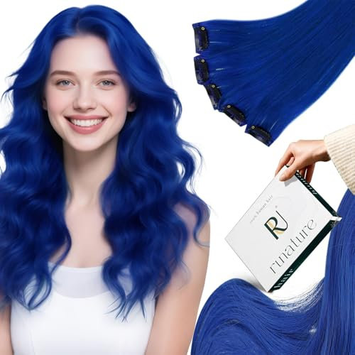 RUNATURE Blau Clip in Extensions Echthaar 35cm Clip Echthaar Extensions Bunt Blau Clip in Haarverlangerung Echthaar Glatt Haar 14 Zoll 25g