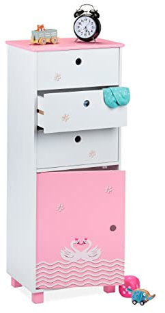 Relaxdays Commode pour Enfants, Design cygnes, 3 tiroirs et 1 Placard, étagère Chambre, HLP 105x42x30 cm, Blanc-Rose