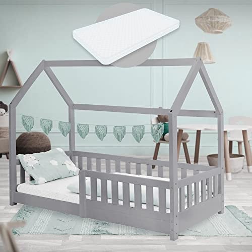 ML-Design Letto a Casetta per Bambini 80 x 160 cm Grigio, in Legno Massello, Struttura con Protezione Anticaduta, Lettino a Terra Montessori con Materasso Sfoderabile in Schiuma Fredda per Cameretta