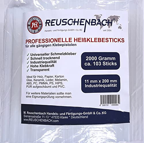 REUSCHENBACH Professionelle Klebesticks Ø11 x 200 mm, Heißklebe-Patronen, ca. 103 Klebestifte, Heißkleber für Heißklebepistolen (2 kg)