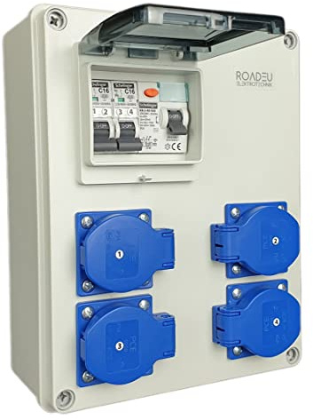 RoadEu Stromverteiler 230V - 4x PCE Schuko Steckdose mit Schalter - Steckdosenverteiler mit Fi Schutzschalter 40A type A/AC - 2x C 16A - Baustromverteiler IP44