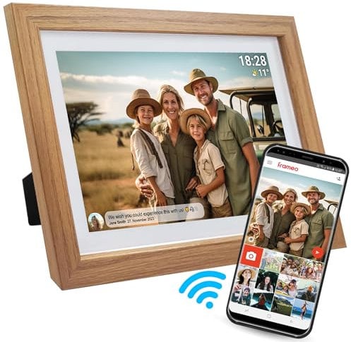 Denver PFF-1042LW Digitaler Wi-Fi Bilderrahmen – 10,1 Zoll IPS HD Touchscreen, Eichenholzrahmen, FRAMEO Software, Drahtloses Teilen, Timer-Funktion, Heller Eichenholzrahmen
