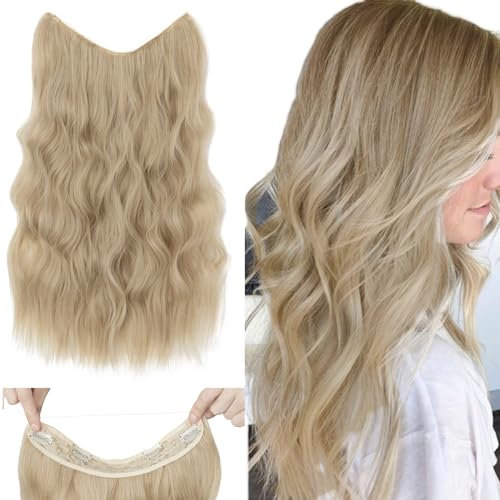 Silk-co Haarverlängerung mit Gummiband, Einstellbar Secrets Haarteil Synthetik, Extensions mit Schnur und Clips, Lange Gewellt Extensions für Frauen,Blond Highlights Bleichblond 50cm
