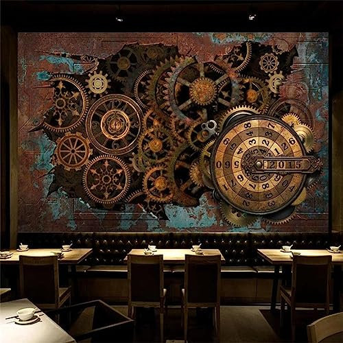 GIVLWF Papier Peint Panoramique de Engrenages En Métal Steampunk Rétro, Photo Personnalisée 3D Poster Murale Intissé - pour Chambre Salon Décoration Murale - 300 x 210 cm