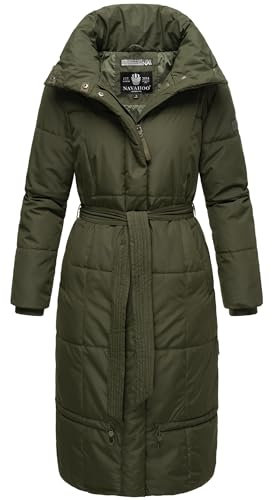 Navahoo Damen Wintermantel Warmer Steppmantel extralang mit Gürtel Mirenaa Dark Olive Gr. M