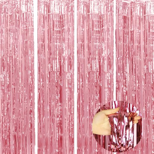 CIGTSICO 4 Stück Lametta-Stränge, Fransenvorhang, Lametta-Hintergrund für Weihnachtsbaum, Silber, 3 m – Roségold