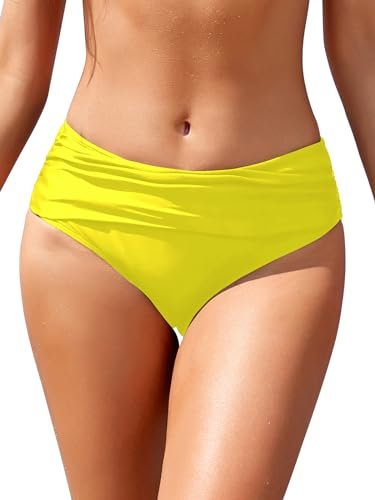 SHEKINI Frauen Ruched Bikinihosen Mittelhohe Badehose Verstecken Bikini Briefs Bademode Hipster Damen Klassisch Mäßige Abdeckung Badeanzug Badehose Große Größe (M, Leuchtend Gelb)